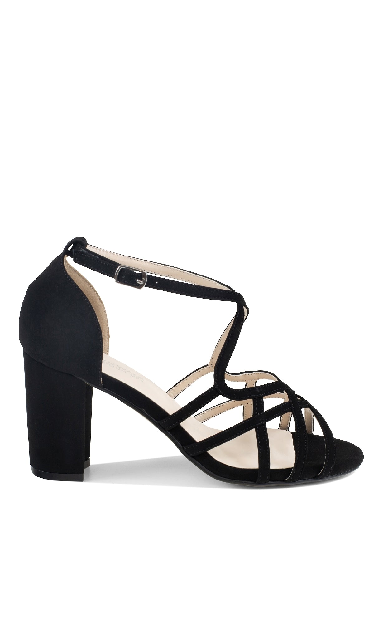 Lupe Black Prom Dress Shoes: Touch Ups 4623—black strappy heels with a closed heel, open toe, and ankle strap buckle; ideal as black prom shoes. Displayed in side profile on a white background.